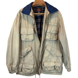 Vintage Tan Canvas Utility Jacket Denim Collar Utility Pockets Tool Straps Large